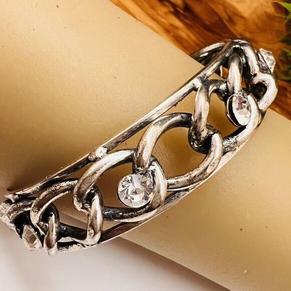 Wide Silver Tone Clear Rhinestone Bangle Bracelet Stacking - Picture 1 of 5